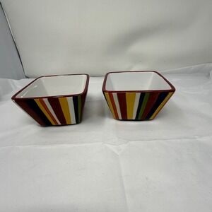 Pampered Chef Simple Additions Square Bowls Set of 2 Striped Multi Color Ceramic
